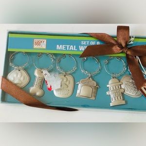 Lucky Dog Metal Wine Charms Set of 6 Bar Barware Paw Bone Hydrant